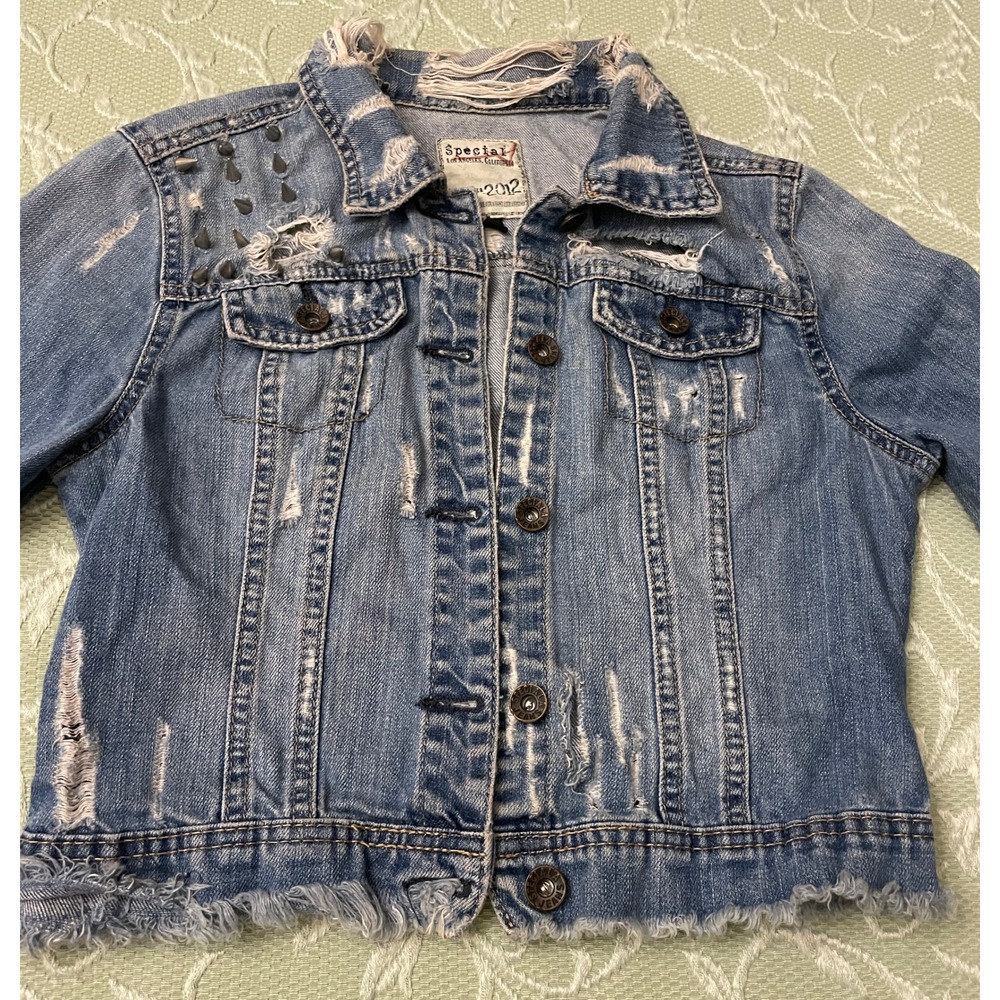 Special 2012‎ Denim Jacket Womens S Distressed Studded Frayed Hem Punk Rock Blue